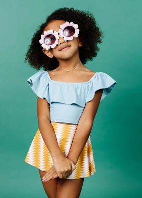 Ribbed Dusty Light Blue | Mini Ruffled Around Top cute girls swimsuits, stylish swimwear for girls