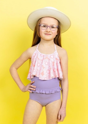 Ribbed Dusty Purple | Mini Mid-Ruffle Bottoms cute girls swimsuits, stylish swimwear for girls