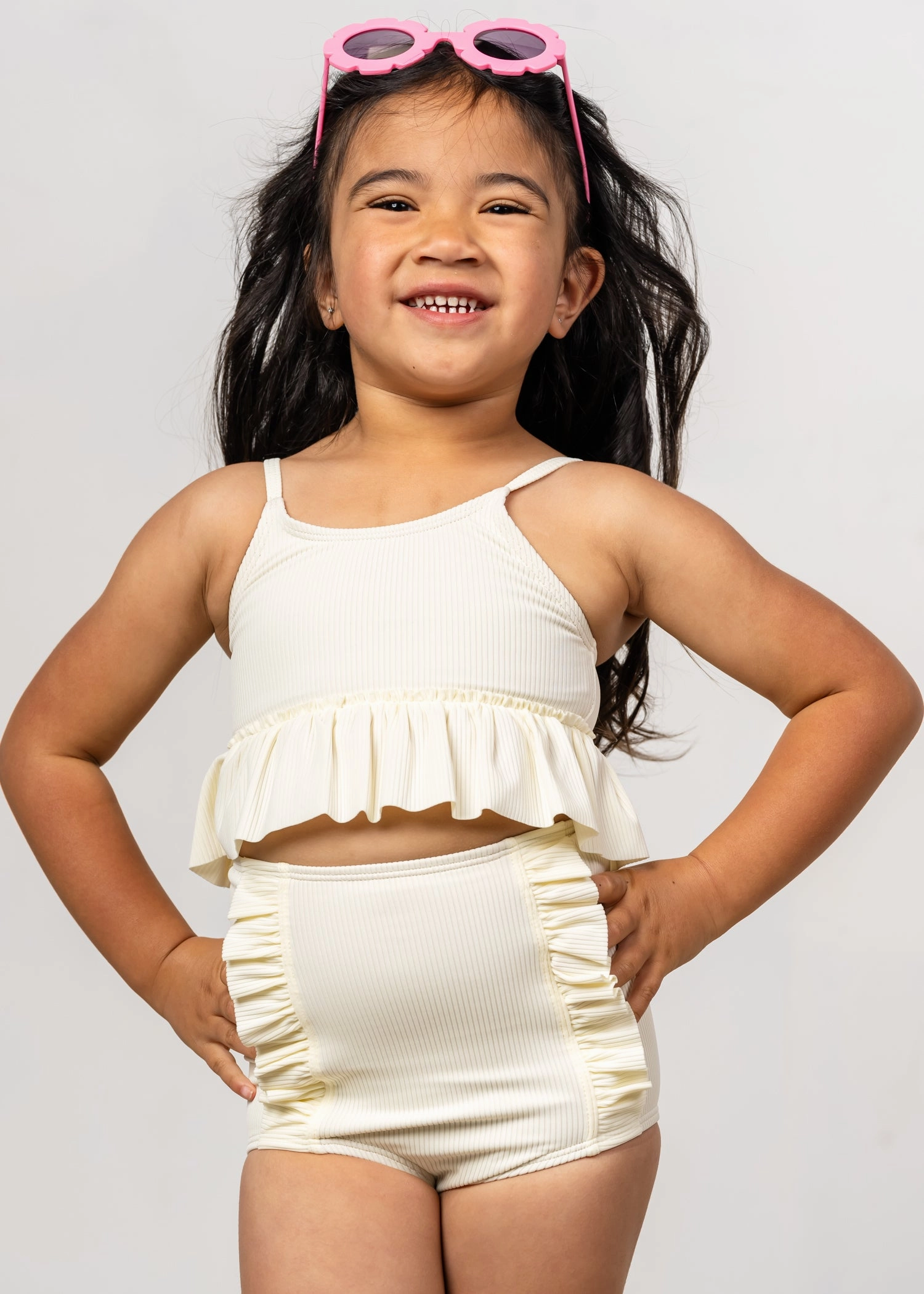 Ribbed Ivory | Mini Down in Front Ruffle Bottoms