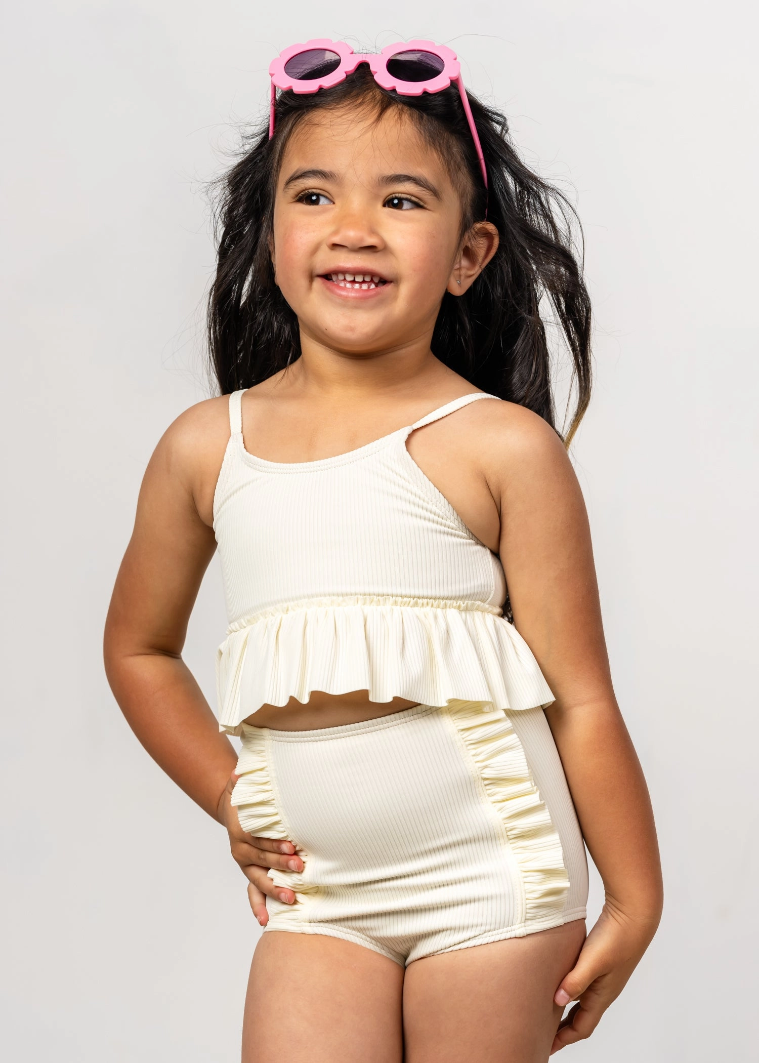 Ribbed Ivory | Mini Down in Front Ruffle Bottoms