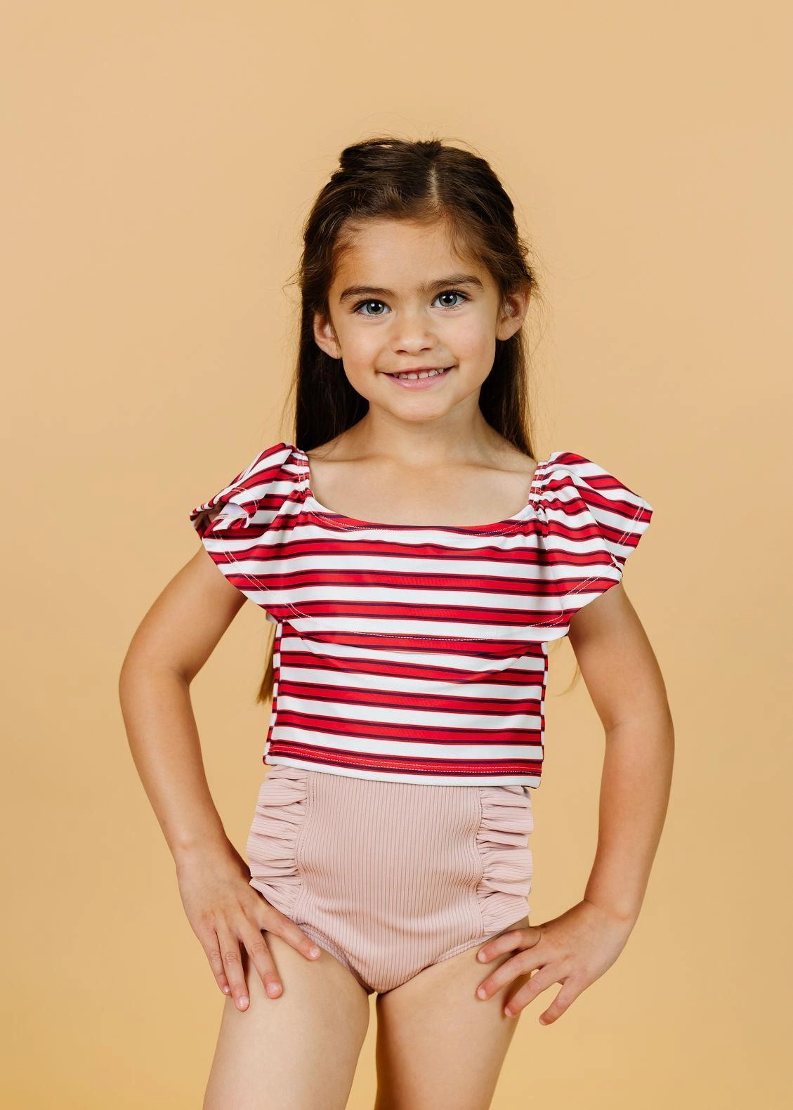Ribbed Light Mauve | Mini Down in Front Ruffle Bottoms cute girls swimsuits, stylish swimwear for girls