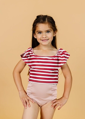 Ribbed Light Mauve | Mini Down in Front Ruffle Bottoms cute girls swimsuits, stylish swimwear for girls