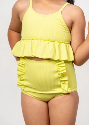 Ribbed Limelight | Mini Down in Front Ruffle Bottoms cute girls swimsuits, stylish swimwear for girls