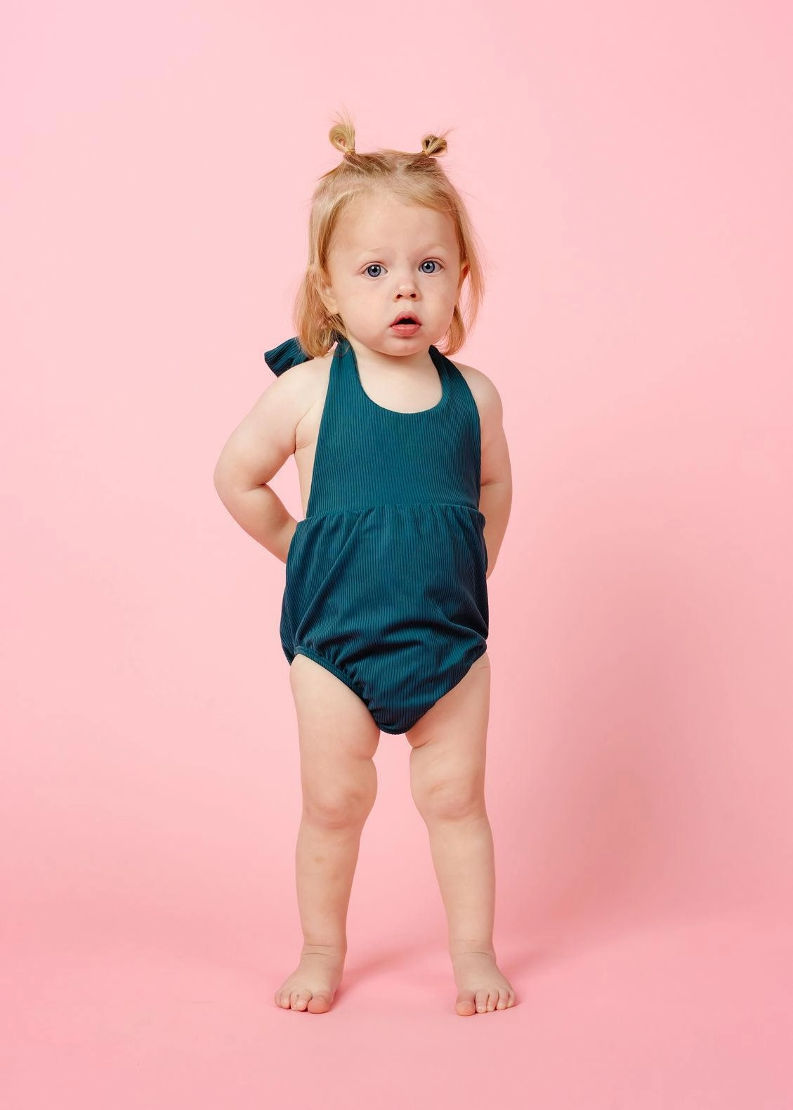 Ribbed Midnight Teal | Baby Romper One-Piece cute girls swimsuits, stylish swimwear for girls