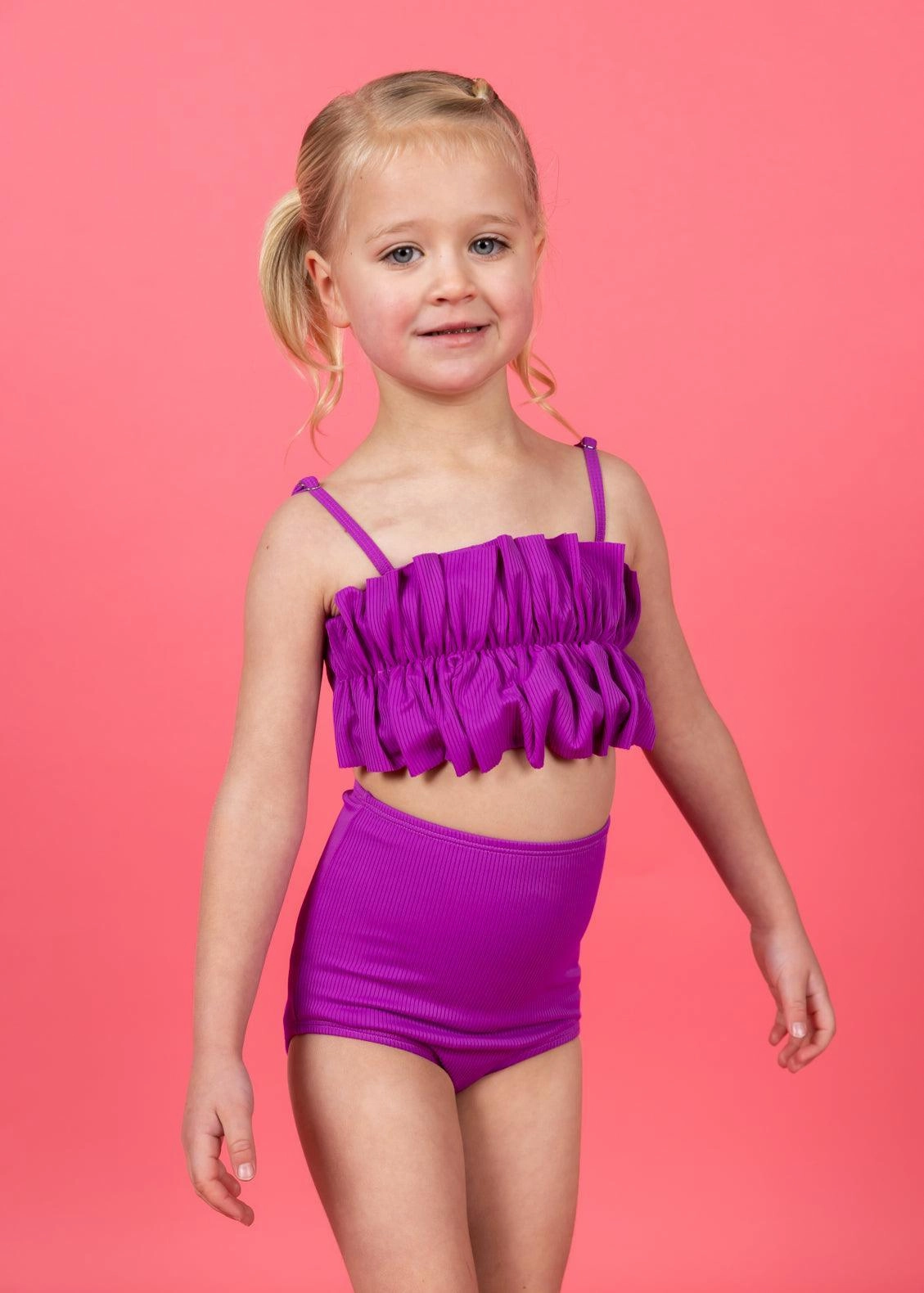Ribbed Purple | Mini High-Waisted Bottoms cute girls swimsuits, stylish swimwear for girls