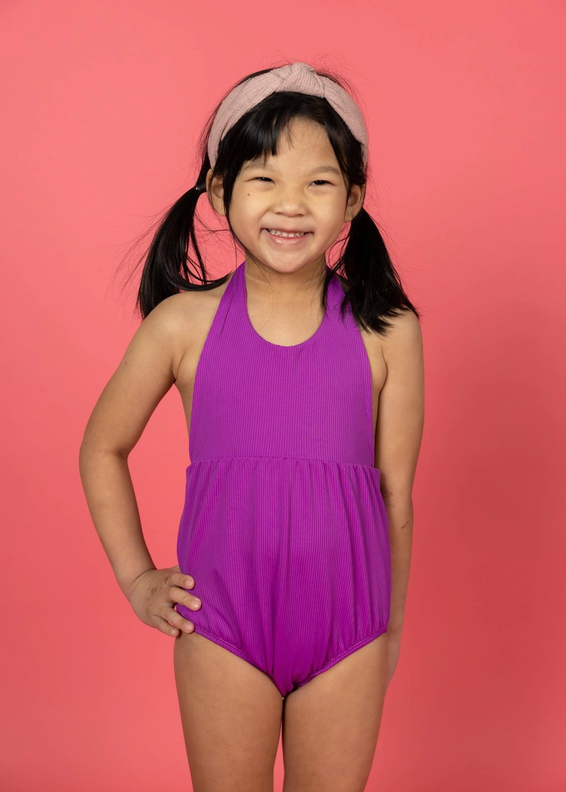 Ribbed Purple | Mini Romper One-Piece cute girls swimsuits, stylish swimwear for girls