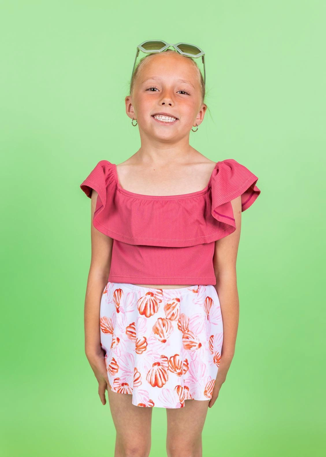 Ribbed Roseate | Mini Ruffled Around Top cute girls swimsuits, stylish swimwear for girls