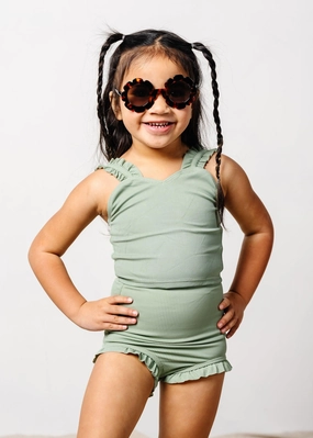 Ribbed Sage | Mini All Ruffled Up Bottoms cute girls swimsuits, stylish swimwear for girls