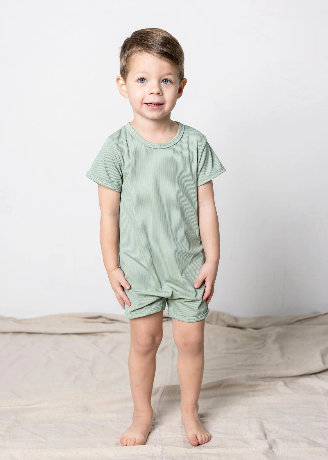 Ribbed Sage | Mini Shorties Rashguard (Unisex) boys summer swimwear, boys rash guard swim sets