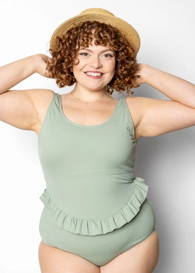 Ribbed Sage | Skirted One-Piece tankini swim tops, adjustable bikini tops