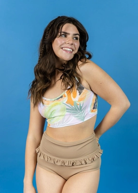 Ribbed Sand Brown | Mid-Ruffle Bottoms elastic waistband swim bottoms, mix-and-match bikini bottoms