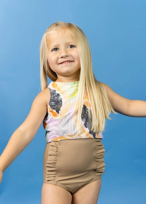 Ribbed Sand Brown | Mini Down in Front Ruffle Bottoms cute girls swimsuits, stylish swimwear for girls