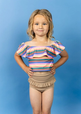 Ribbed Sand Brown | Mini Mid-Ruffle Bottoms cute girls swimsuits, stylish swimwear for girls
