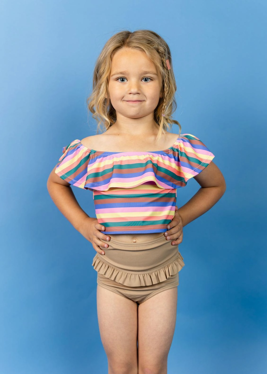 Ribbed Sand Brown | Mini Mid-Ruffle Bottoms cute girls swimsuits, stylish swimwear for girls