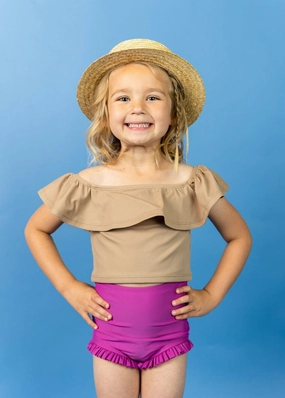 Ribbed Sand Brown | Mini Ruffled Around Top cute girls swimsuits, stylish swimwear for girls