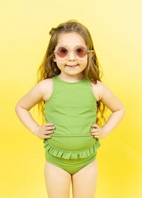 Ribbed Spring Green | Mini Mid-Ruffle Bottoms cute girls swimsuits, stylish swimwear for girls
