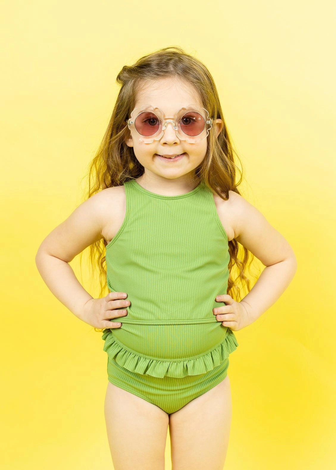 Ribbed Spring Green | Mini Mid-Ruffle Bottoms cute girls swimsuits, stylish swimwear for girls