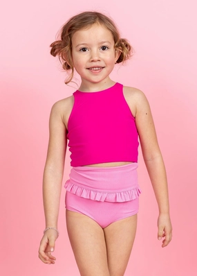 Ribbed Sweet Pink | Mini Mid-Ruffle Bottoms toddler girl swimwear, summer swimwear for girls