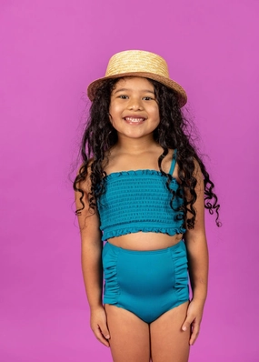 Ribbed Tide Pool Blue | Mini Down in Front Ruffle Bottoms toddler girl swimwear, summer swimwear for girls