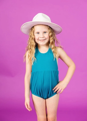 Ribbed Tide Pool Blue | Mini Romper One-Piece toddler girl swimwear, summer swimwear for girls