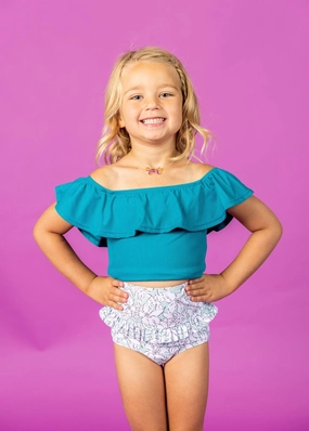 Ribbed Tide Pool Blue | Mini Ruffled Around Top toddler girl swimwear, summer swimwear for girls