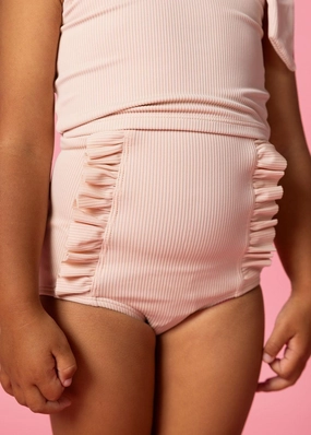 Ribbed Whipped Peach | Mini Down in Front Ruffle Bottoms toddler girl swimwear, summer swimwear for girls