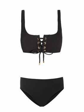 Samara Top   Classic Midrise Bottom In Black Texture bikini bottom with tie sides, swim top for sunbathing