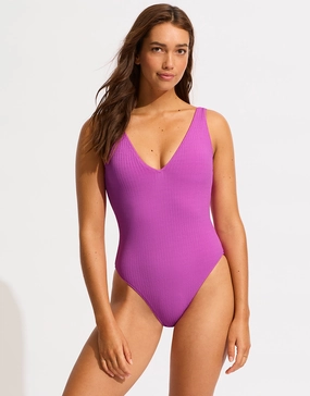 Sea Dive Deep V Neck Swimsuit - Violet womens resort swimwear, flattering one-piece swimsuits