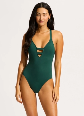 Seafolly Collective Deep V One Piece - Evergreen slimming one piece swimsuits, fashionable one piece suits