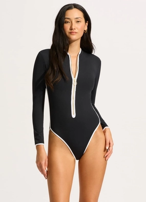 Seafolly Collective Long Sleeve Zip Front One Piece - Black affordable swimwear for women, chic swimsuits for women
