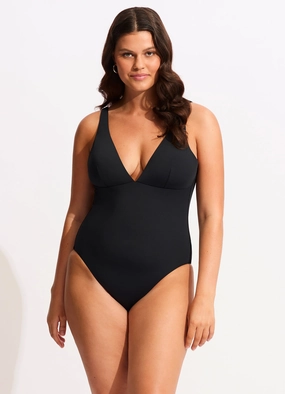 Seafolly Collective V Neck One piece - Black slimming one piece swimsuits, fashionable one piece suits