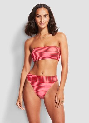 Seaside Stripe Banded Hi Rise Pant - Chilli Red modern womens swimwear, one piece swimsuits women