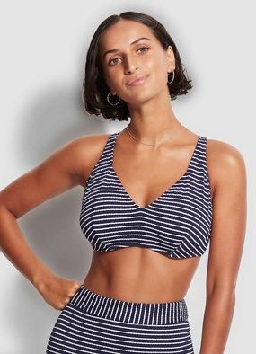 Seaside Stripe F Cup Halter Bra - True Navy push up bikinis women, sporty womens bikini sets