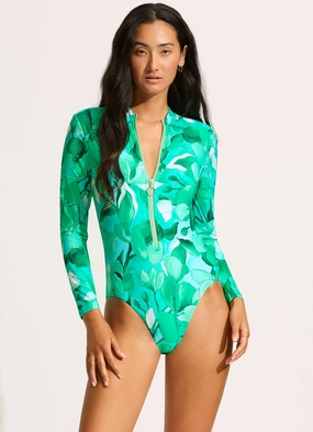 Secret Garden Zip Front Surf Suit - Jade slimming one piece swimsuits, fashionable one piece suits