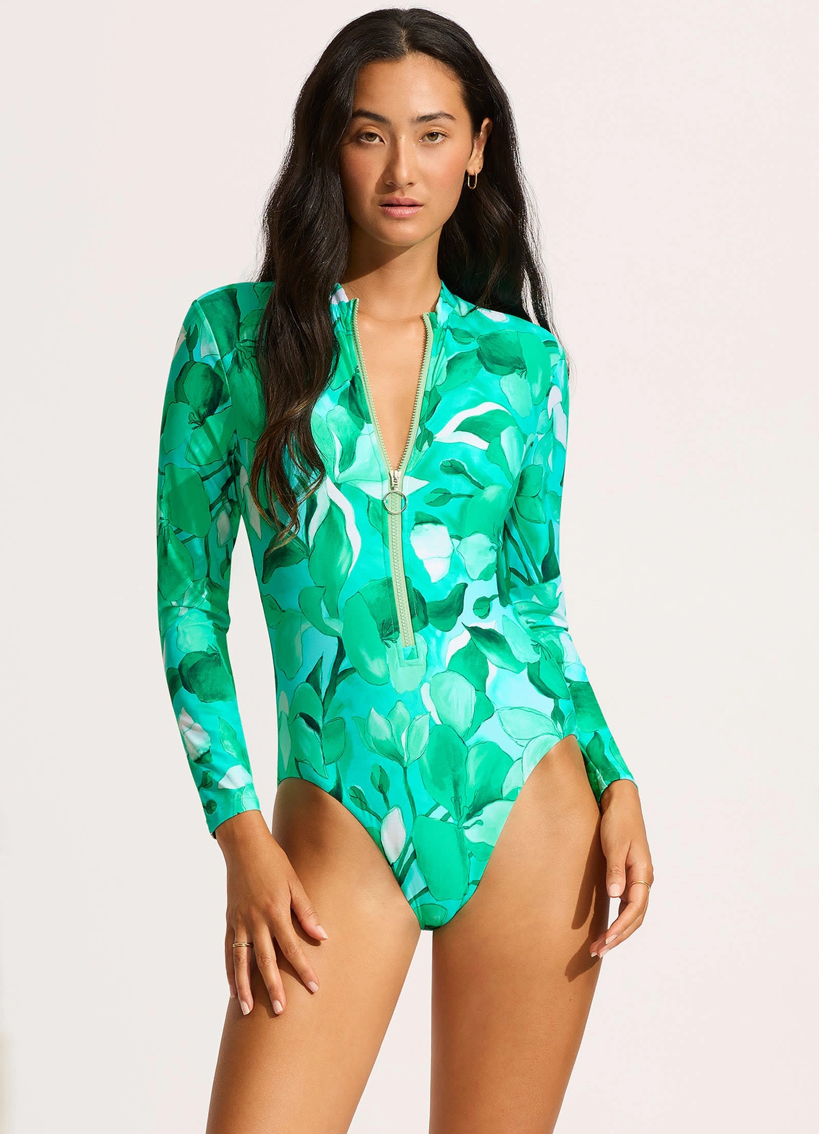 Secret Garden Zip Front Surf Suit - Jade slimming one piece swimsuits, fashionable one piece suits