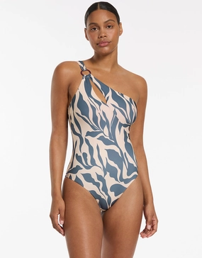 Sereno One Shoulder Ring Swimsuit - Steel Blue womens resort swimwear, flattering one-piece swimsuits