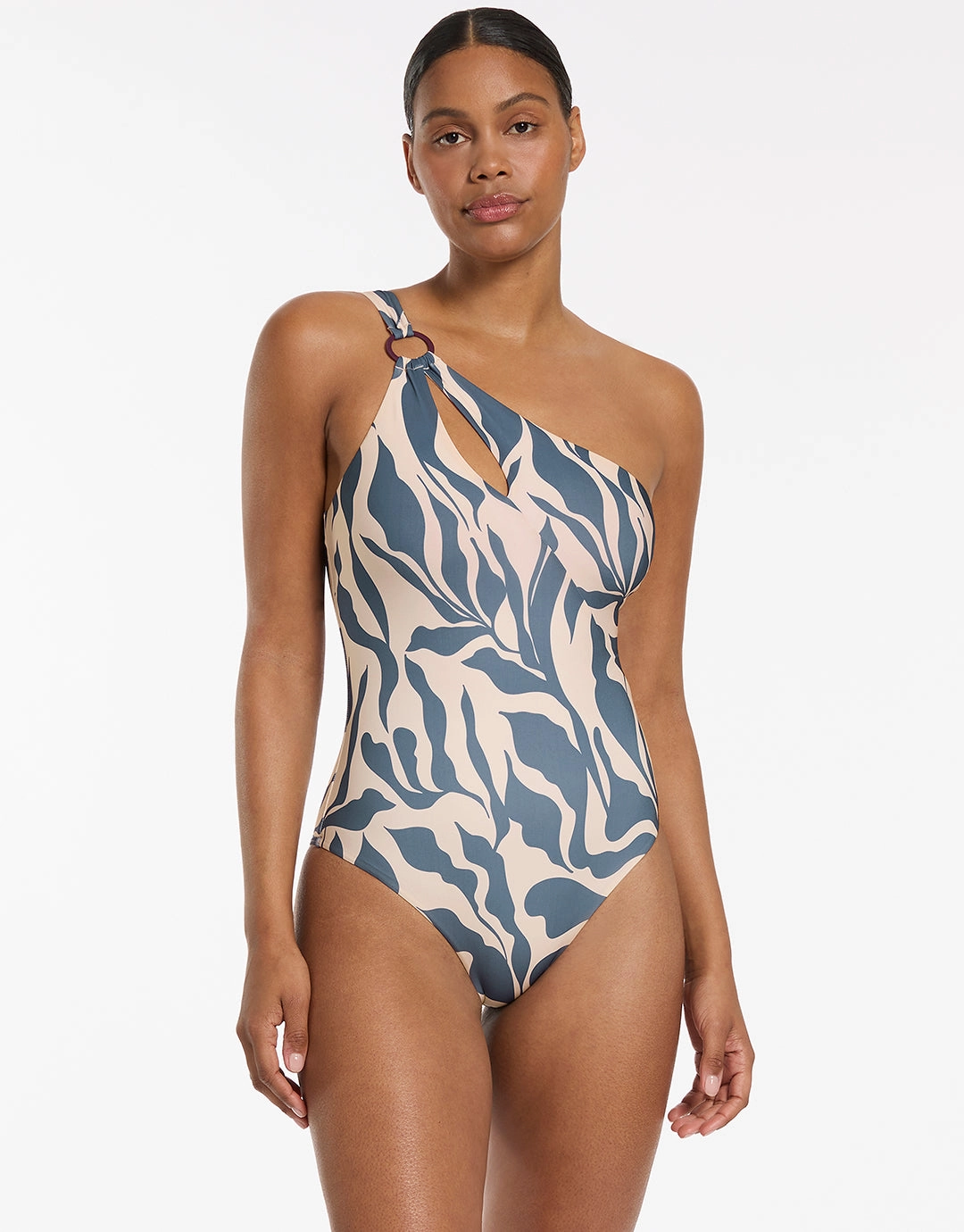 Sereno One Shoulder Ring Swimsuit - Steel Blue womens resort swimwear, flattering one-piece swimsuits