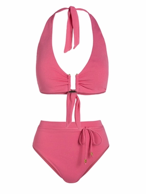 Shana Top   Belted Hi Waist Hi Leg Bottom In Hibiscus Metallic bikini bottom with tie sides, swim top for sunbathing