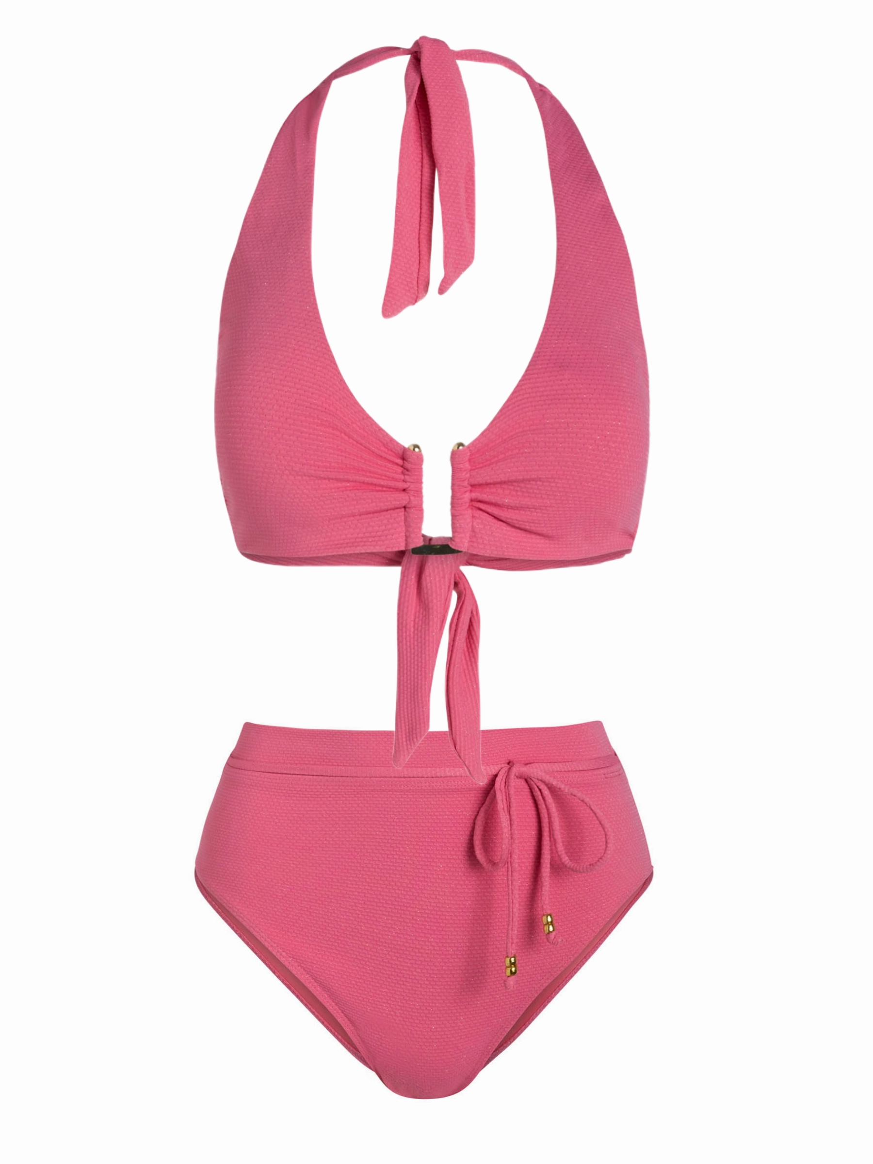 Shana Top   Belted Hi Waist Hi Leg Bottom In Hibiscus Metallic bikini bottom with tie sides, swim top for sunbathing