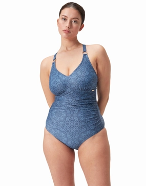 Shaping Printed V Neck Swimsuit - Washed Blue minimalistic swimsuits women, sleek swimwear styles