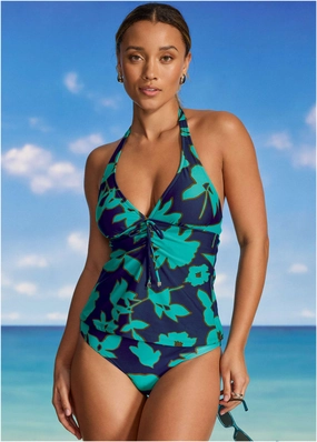 Sicily Halter Tankini - Blue Block Floral bandeau bikini tops, triangle swim tops