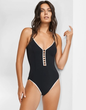 Silence Ladder Plunge Swimsuit - Black and White womens resort swimwear, flattering one-piece swimsuits