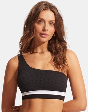 Slice of Splice One Shoulder Bikini Top - Black and White full coverage swim tops, cute bikini tops
