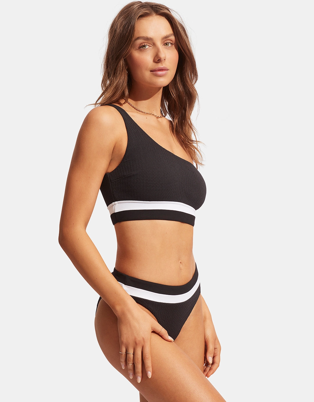 Slice of Splice One Shoulder Bikini Top - Black and White