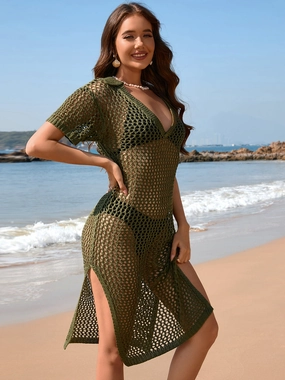 Slit Openwork Johnny Collar Short Sleeve Cover-Up stretchy swimwear for women, soft fabric swimsuits for ladies