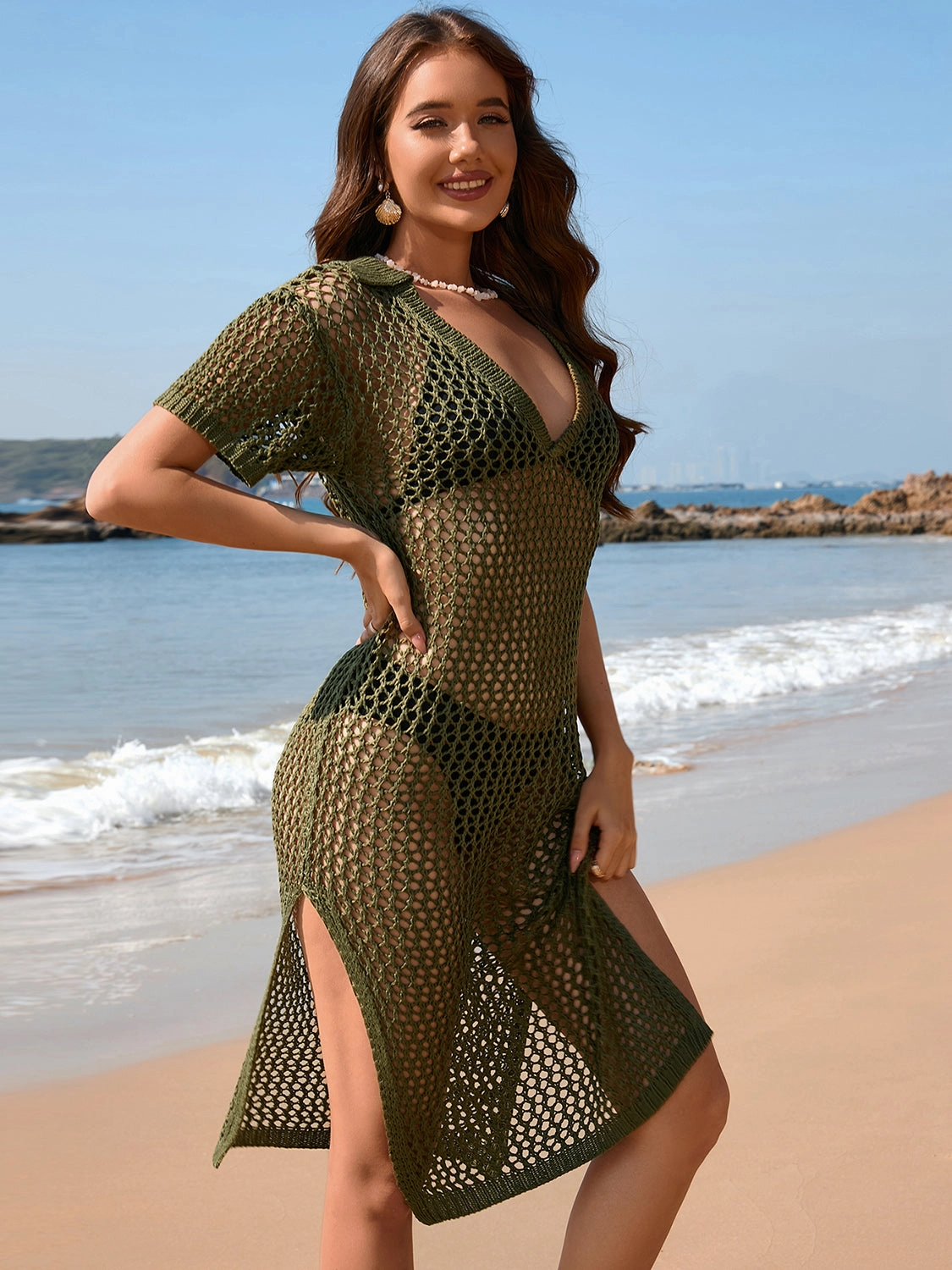 Slit Openwork Johnny Collar Short Sleeve Cover-Up durable swimwear women, travel-ready swimsuits for women