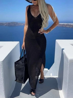 Slit Openwork V-Neck Sleeveless Cover Up durable swimwear women, travel-ready swimsuits for women