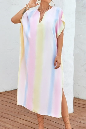 Slit Striped Notched Short Sleeve Cover Up stretchy swimwear for women, soft fabric swimsuits for ladies
