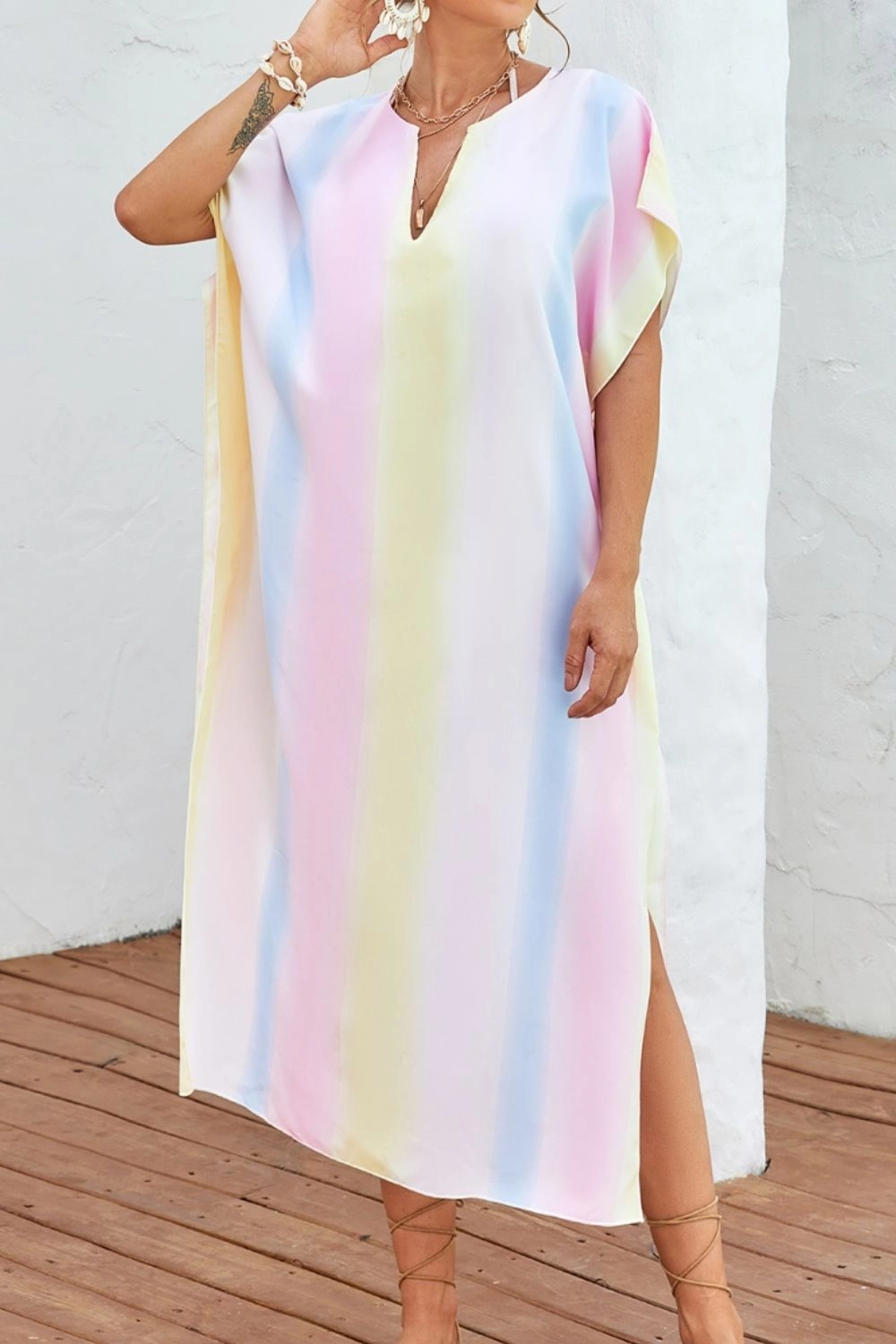 Slit Striped Notched Short Sleeve Cover Up stretchy swimwear for women, soft fabric swimsuits for ladies