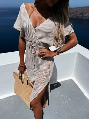 Slit Surplice Cap Sleeve Cover Up stretchy swimwear for women, soft fabric swimsuits for ladies